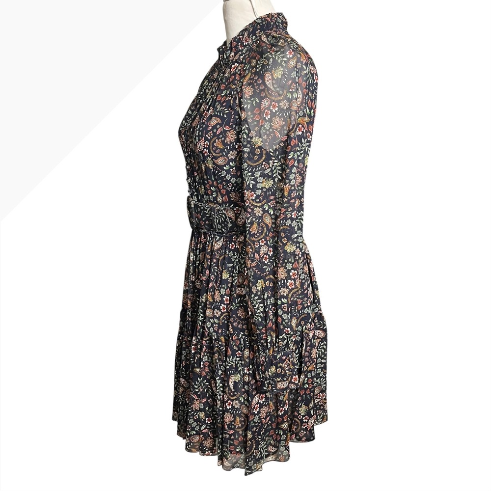 Nicholas Silk Floral Paisley Belted Mini Dress Navy Blue‎ Long Sleeve Size 4 - Picture 6 of 13